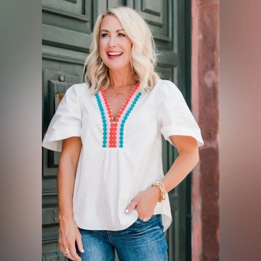 AVARA Women's White Short Sleeve Sleeve V-Neck Summer Blouse XXXLarge - Picture 5 of 11